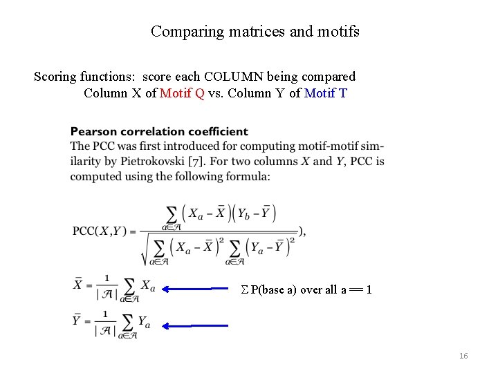 Comparing matrices and motifs Scoring functions: score each COLUMN being compared Column X of