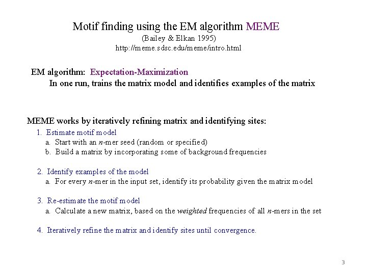 Motif finding using the EM algorithm MEME (Bailey & Elkan 1995) http: //meme. sdsc.