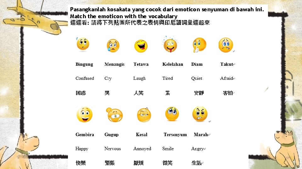 Pasangkanlah kosakata yang cocok dari emoticon senyuman di bawah ini. Match the emoticon with