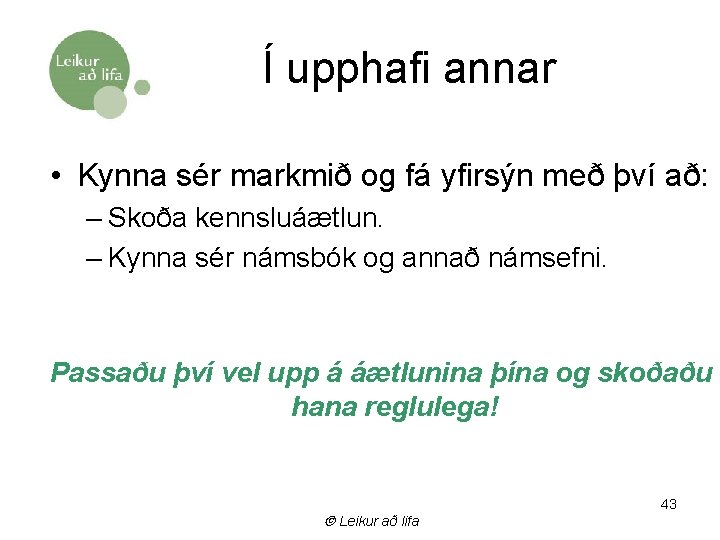 Í upphafi annar • Kynna sér markmið og fá yfirsýn með því að: –