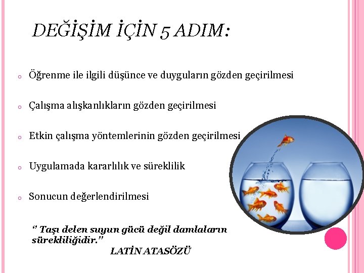 DEĞİŞİM İÇİN 5 ADIM: o Öğrenme ilgili düşünce ve duyguların gözden geçirilmesi o Çalışma