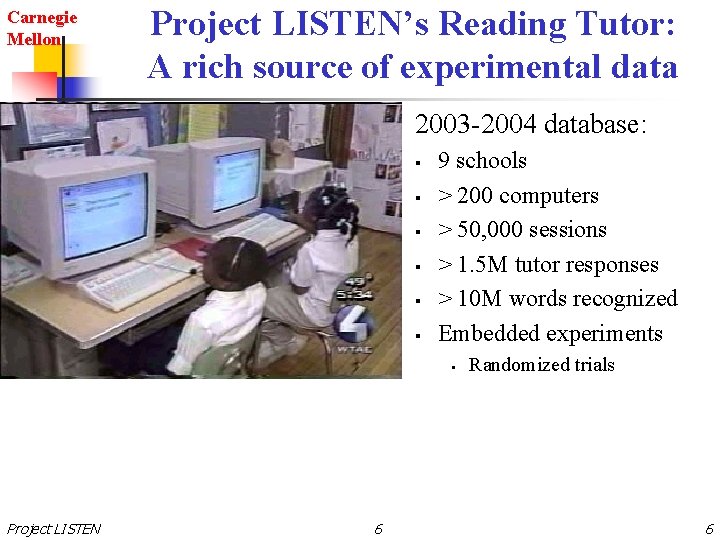 Carnegie Mellon Project LISTEN’s Reading Tutor: A rich source of experimental data 2003 -2004