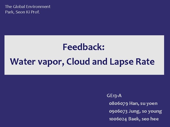 The Global Environment Park, Seon Ki Prof. Feedback: Water vapor, Cloud and Lapse Rate