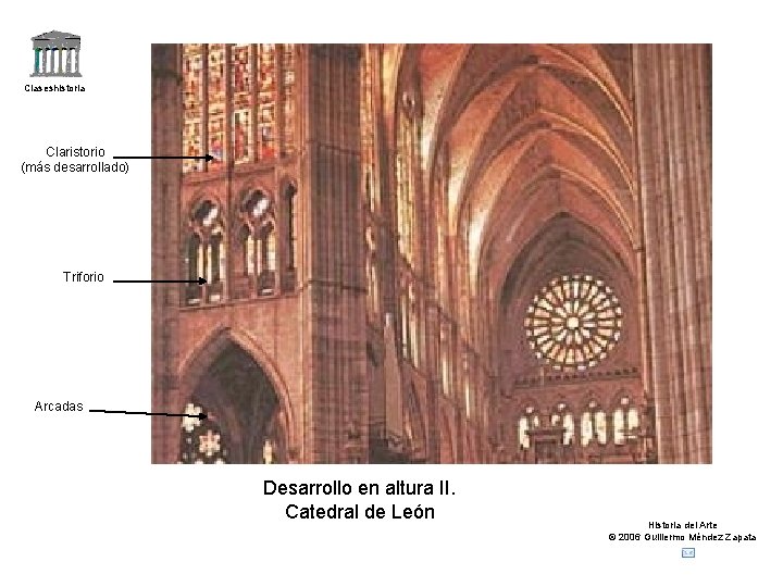 Claseshistoria Claristorio (más desarrollado) Triforio Arcadas Desarrollo en altura II. Catedral de León Historia