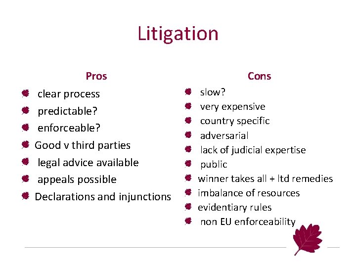 Litigation Pros clear process predictable? enforceable? Good v third parties legal advice available appeals