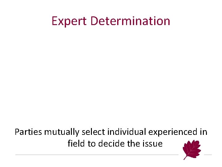 Expert Determination Parties mutually select individual experienced in field to decide the issue 