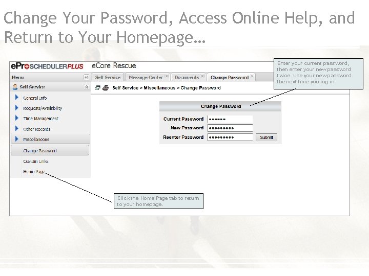 Change Your Password, Access Online Help, and Return to Your Homepage… Enter your current