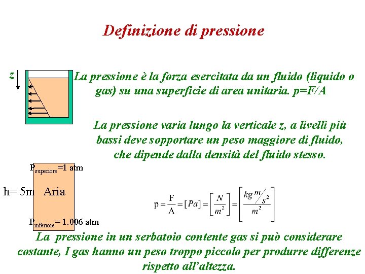Definizione di pressione z La pressione è la forza esercitata da un fluido (liquido