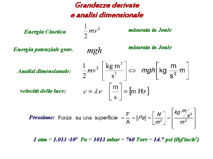 Grandezze derivate e analisi dimensionale Energia Cinetica misurata in Joule Energia potenziale grav. misurata