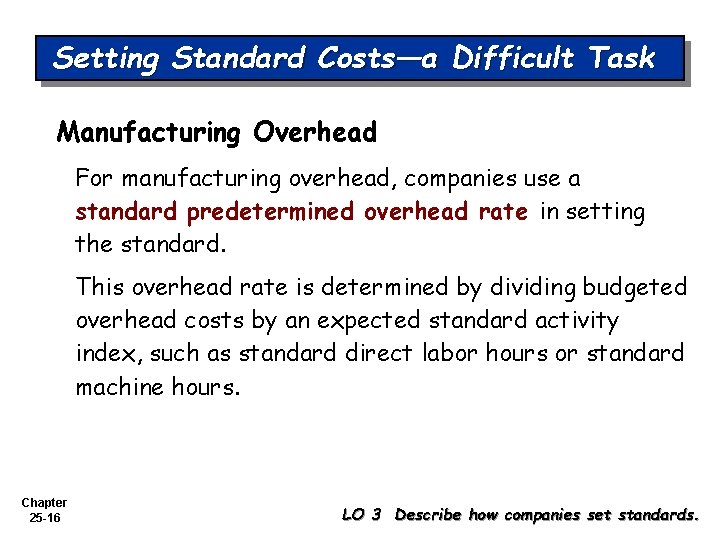 Setting Standard Costs—a Difficult Task Manufacturing Overhead For manufacturing overhead, companies use a standard