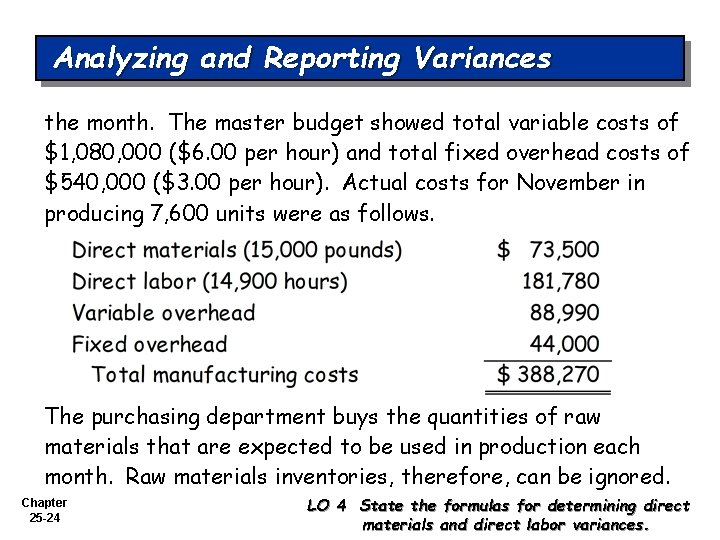 Analyzing and Reporting Variances the month. The master budget showed total variable costs of