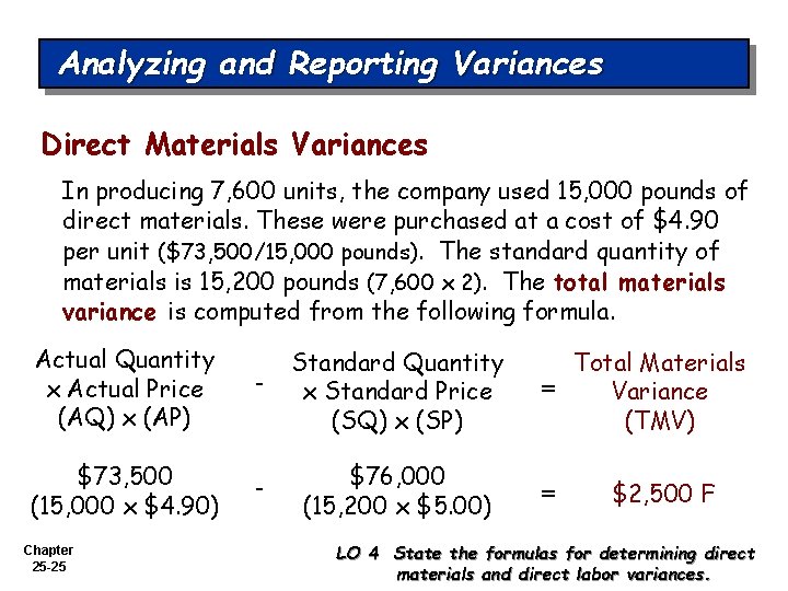 Analyzing and Reporting Variances Direct Materials Variances In producing 7, 600 units, the company