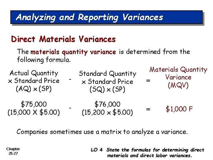 Analyzing and Reporting Variances Direct Materials Variances The materials quantity variance is determined from