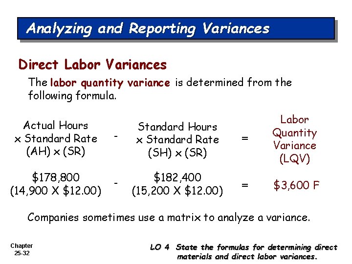 Analyzing and Reporting Variances Direct Labor Variances The labor quantity variance is determined from