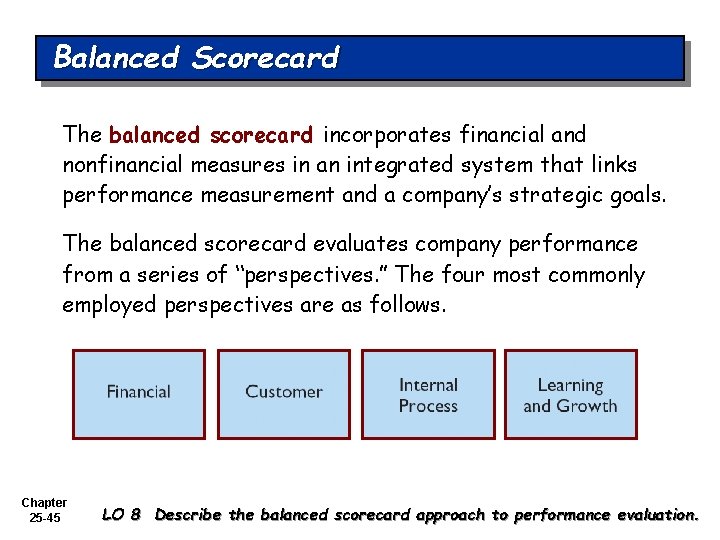 Balanced Scorecard The balanced scorecard incorporates financial and nonfinancial measures in an integrated system