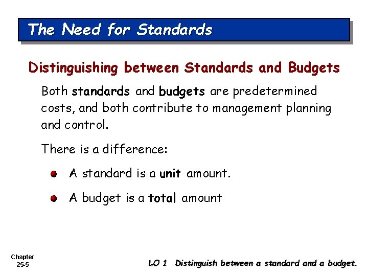 The Need for Standards Distinguishing between Standards and Budgets Both standards and budgets are