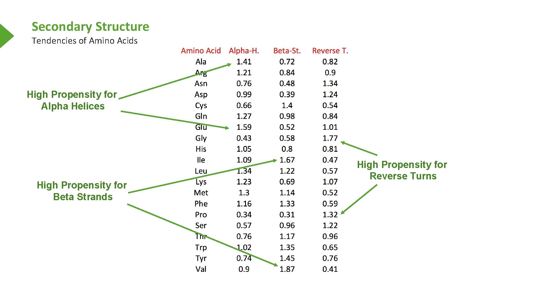 Secondary Structure Tendencies of Amino Acids High Propensity for Alpha Helices High Propensity for