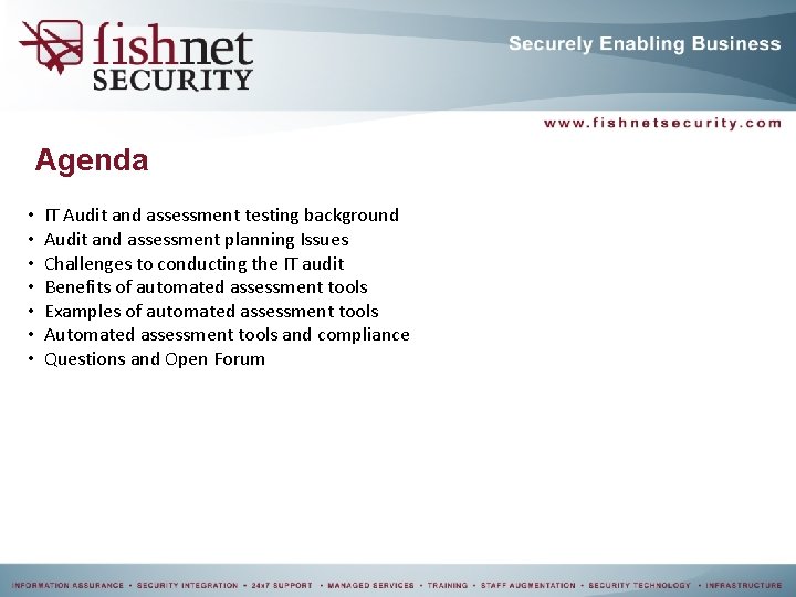 Agenda • • IT Audit and assessment testing background Audit and assessment planning Issues Agenda • • IT Audit and assessment testing background Audit and assessment planning Issues