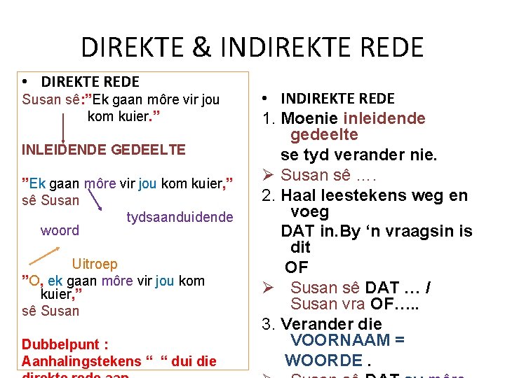 DIREKTE & INDIREKTE REDE • DIREKTE REDE Susan sê: ”Ek gaan môre vir jou