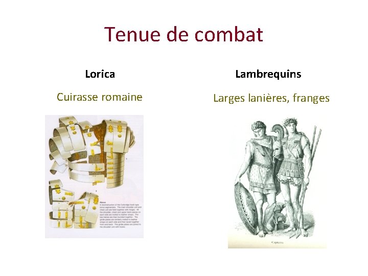 Tenue de combat Lorica Lambrequins Cuirasse romaine Larges lanières, franges 