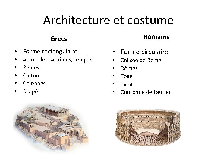 Architecture et costume Romains Grecs • Forme rectangulaire • • • Acropole d’Athènes, temples