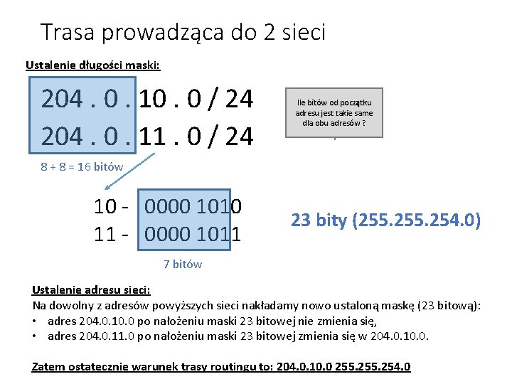 Trasa prowadząca do 2 sieci Ustalenie długości maski: 204. 0. 10. 0 / 24