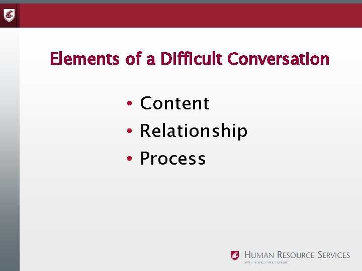 Elements of a Difficult Conversation • Content • Relationship • Process 