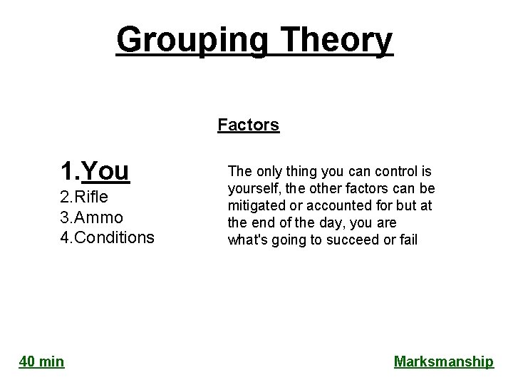 Grouping Theory Factors 1. You 2. Rifle 3. Ammo 4. Conditions 40 min The