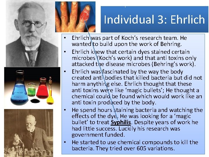Individual 3: Ehrlich • Ehrlich was part of Koch’s research team. He wanted to