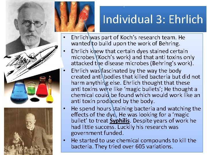 Individual 3: Ehrlich • Ehrlich was part of Koch’s research team. He wanted to