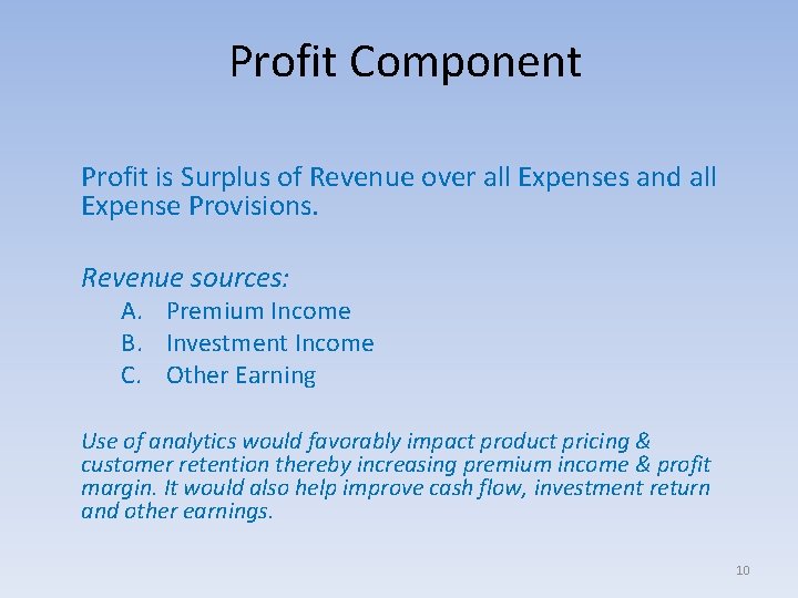 Profit Component Profit is Surplus of Revenue over all Expenses and all Expense Provisions.