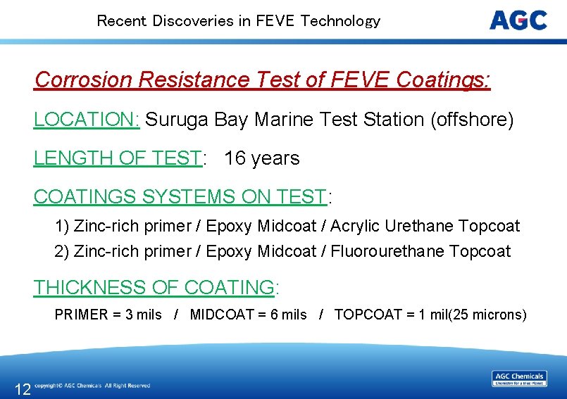 Recent Discoveries in FEVE Technology Corrosion Resistance Test of FEVE Coatings: LOCATION: Suruga Bay