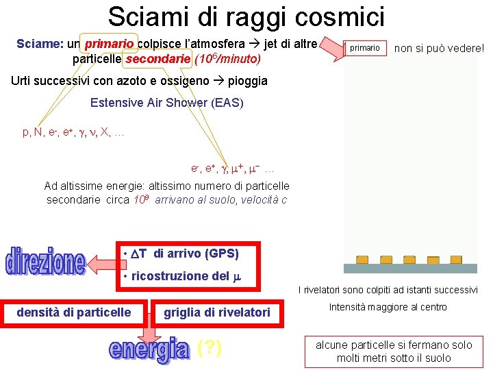 Sciami di raggi cosmici Sciame: un primario colpisce l’atmosfera jet di altre particelle secondarie