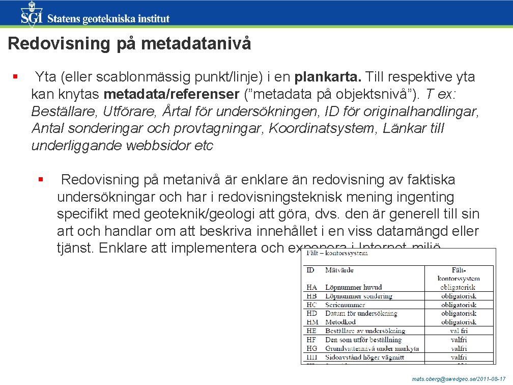 Redovisning på metadatanivå § Yta (eller scablonmässig punkt/linje) i en plankarta. Till respektive yta Redovisning på metadatanivå § Yta (eller scablonmässig punkt/linje) i en plankarta. Till respektive yta