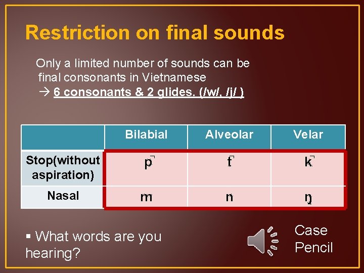 Restriction on final sounds Only a limited number of sounds can be final consonants