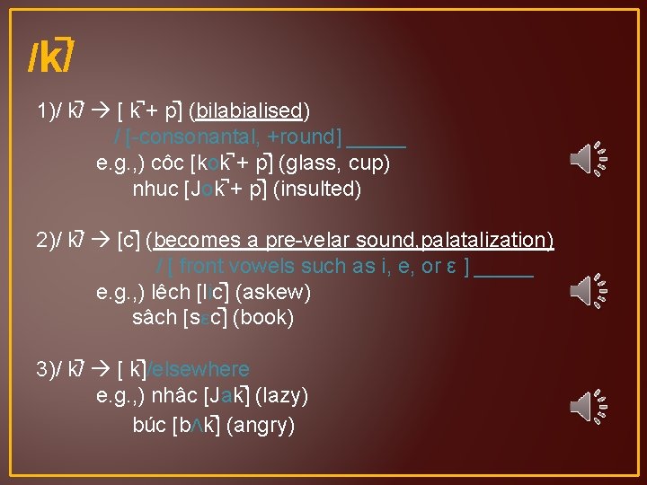 /k / 1)/ k / [ k + p ] (bilabialised) / [-consonantal, +round]