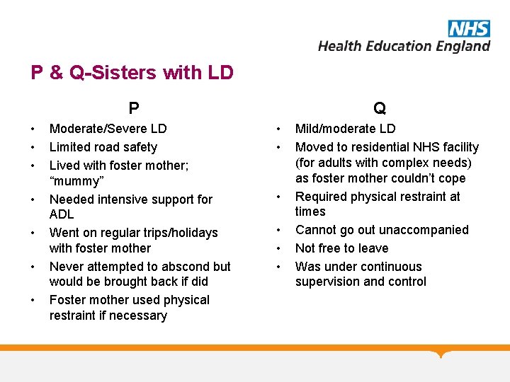 P & Q-Sisters with LD Q P • • Moderate/Severe LD Limited road safety