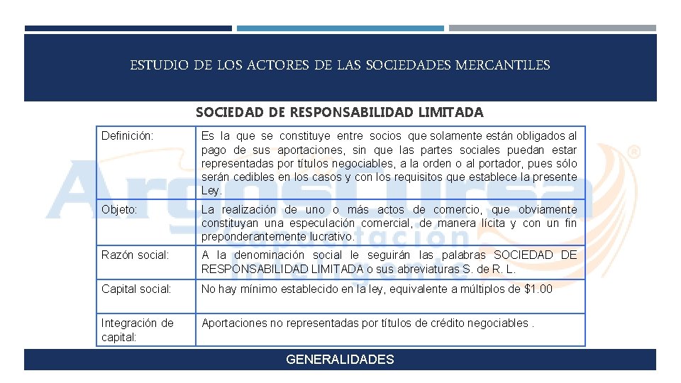 ESTUDIO DE LOS ACTORES DE LAS SOCIEDADES MERCANTILES SOCIEDAD DE RESPONSABILIDAD LIMITADA Definición: Es