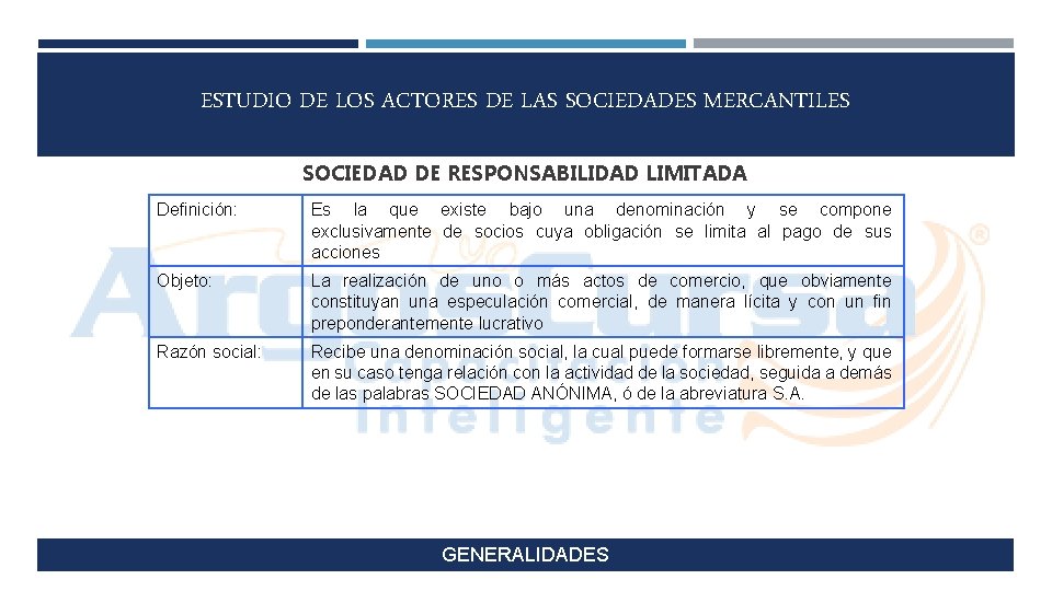 ESTUDIO DE LOS ACTORES DE LAS SOCIEDADES MERCANTILES SOCIEDAD DE RESPONSABILIDAD LIMITADA Definición: Es