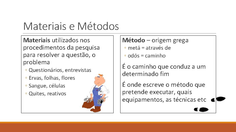 Materiais e Métodos Materiais utilizados nos procedimentos da pesquisa para resolver a questão, o