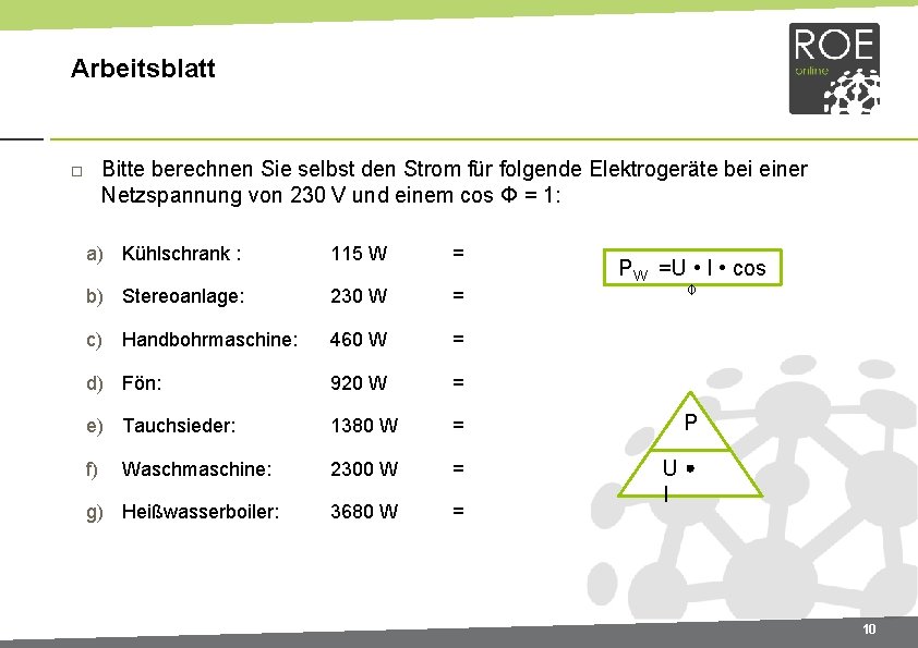 Arbeitsblatt Bitte berechnen Sie selbst den Strom für folgende Elektrogeräte bei einer Netzspannung von