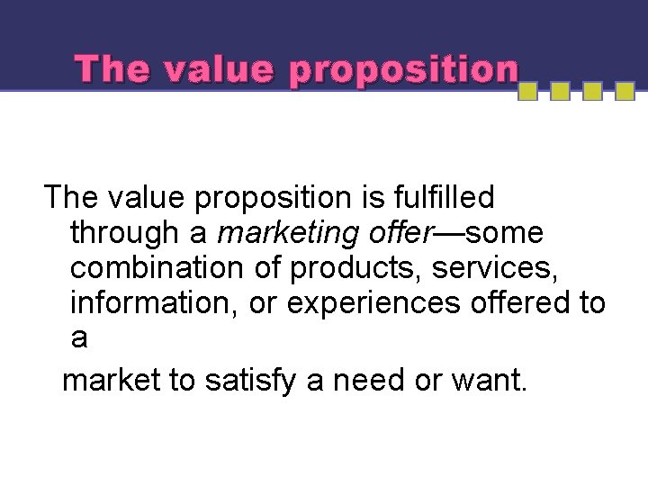 The value proposition is fulfilled through a marketing offer—some combination of products, services, information,