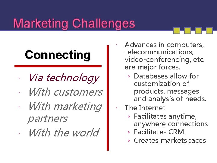 Marketing Challenges Connecting Via technology With customers With marketing partners With the world Advances