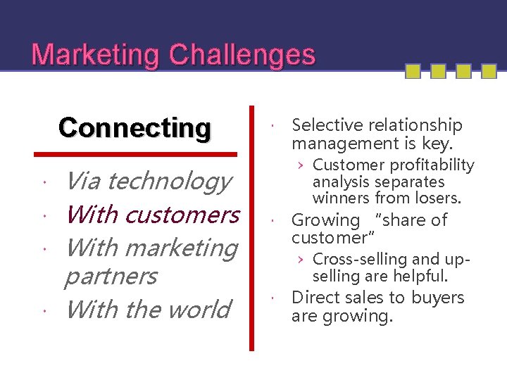 Marketing Challenges Connecting Via technology With customers With marketing partners With the world Selective