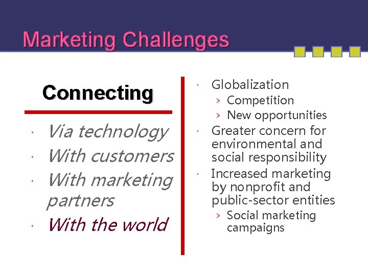Marketing Challenges Connecting Via technology With customers With marketing partners With the world Globalization