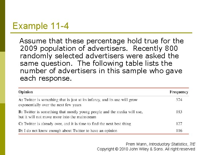 Example 11 -4 Assume that these percentage hold true for the 2009 population of