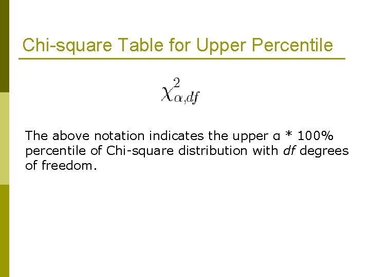 Chi-square Table for Upper Percentile The above notation indicates the upper α * 100%