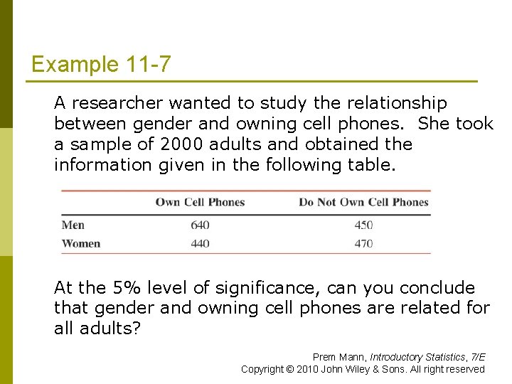 Example 11 -7 A researcher wanted to study the relationship between gender and owning