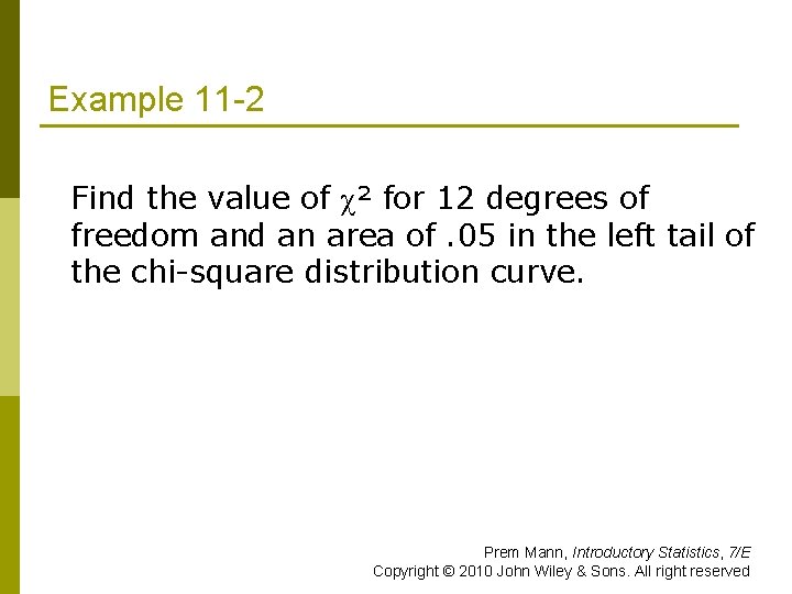 Example 11 -2 Find the value of χ² for 12 degrees of freedom and