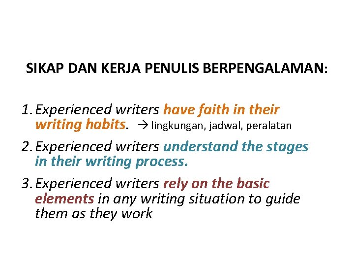 SIKAP DAN KERJA PENULIS BERPENGALAMAN: 1. Experienced writers have faith in their writing habits.